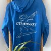 Electric blue Kitemonkey windproof jacket with hood and large kitesurf logo on the back