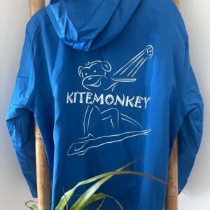 Electric blue Kitemonkey windproof jacket with hood and large kitesurf logo on the back